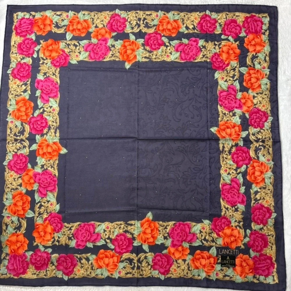 Vtg LANCETTI Scarf Handkerchief Floral Rose Cotton Navy Blue 20.5